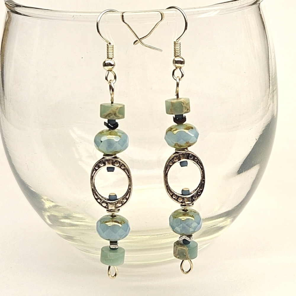 Light Green and Blue Stone Beaded Dangle Earrings